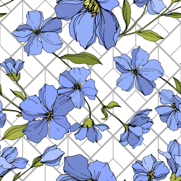 Vector Flax floral botanical flowers. Blue and green engraved ink art. Seamless background pattern. - Wektor, obraz