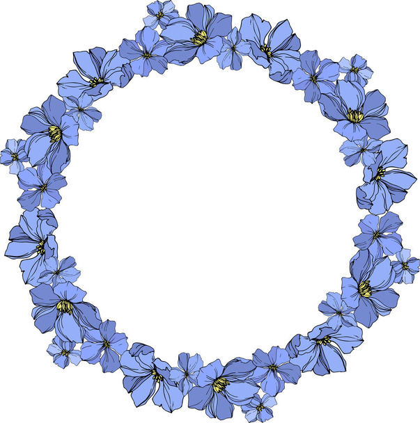 Vector Flax floral botanical flowers. Black and blue engraved ink art. Frame border ornament square. - Vector, Image