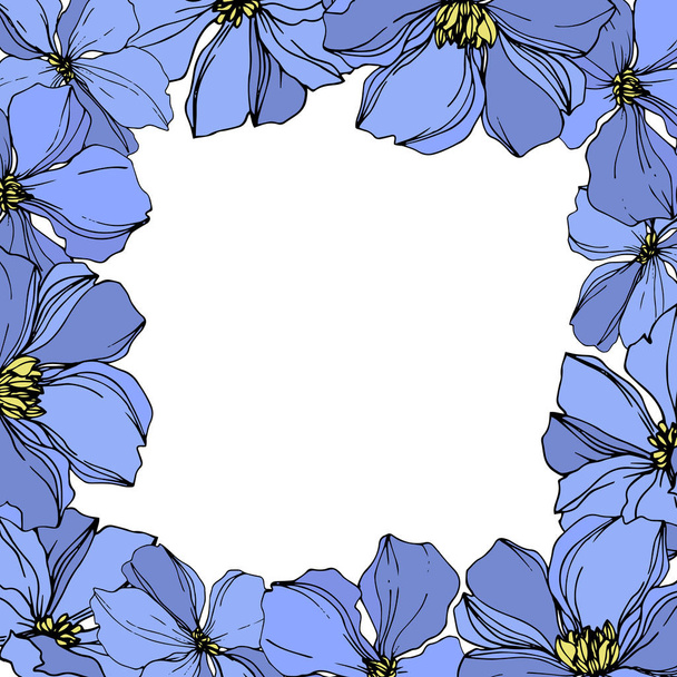 Vector Flax floral botanical flowers. Black and blue engraved ink art. Frame border ornament square. - Vector, Image