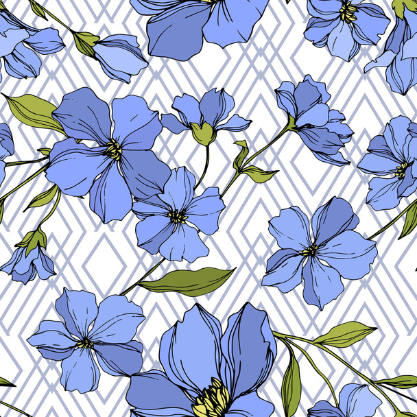 Vector Flax floral botanical flowers. Blue and green engraved ink art. Seamless background pattern. - ベクター画像