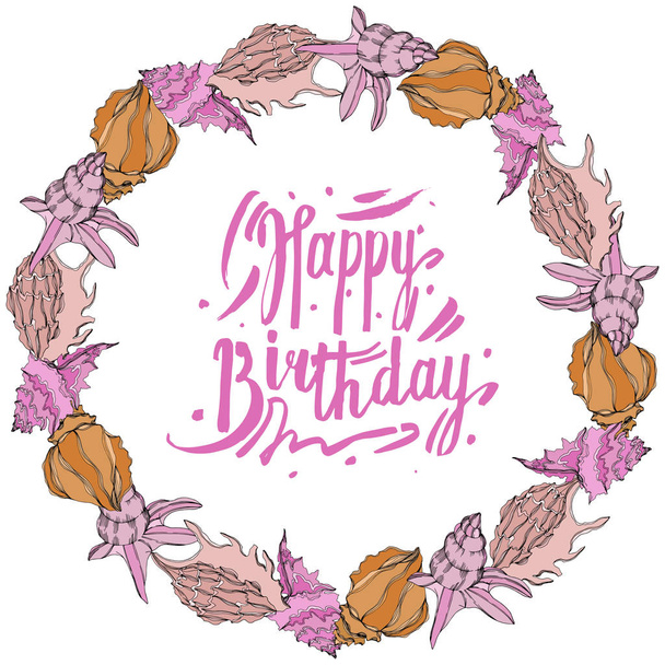 Vector Summer beach seashell tropical elements. Frame with happy birthday lettering. - Vector, Image