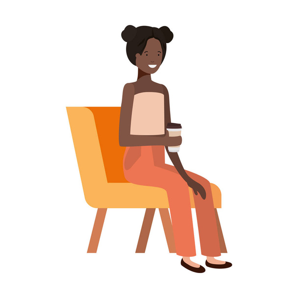 nő ül székben tartály műanyag kávé fehér háttér - Vektor, kép