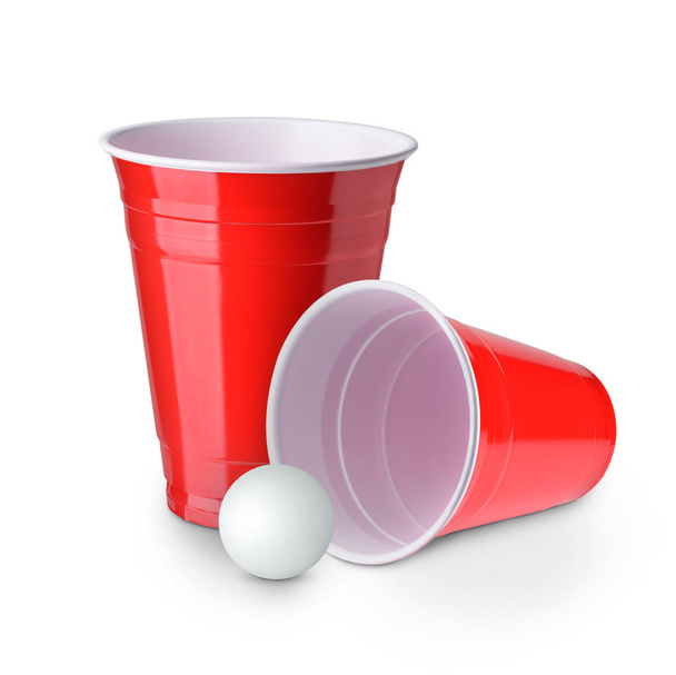 Beer pong. Red plastic cups and ping pong ball solated on white  - Foto, imagen