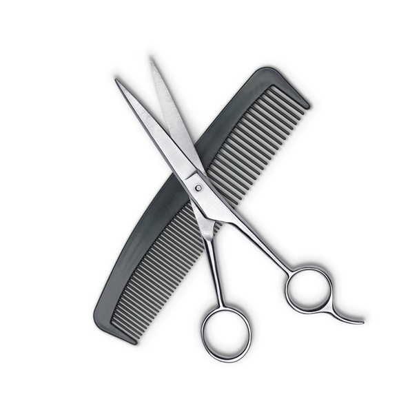 Hair cutting shears and comb isolated on white - Photo, Image