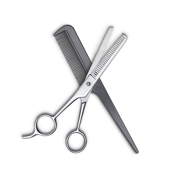 Hair cutting shears and comb isolated on white - Photo, Image