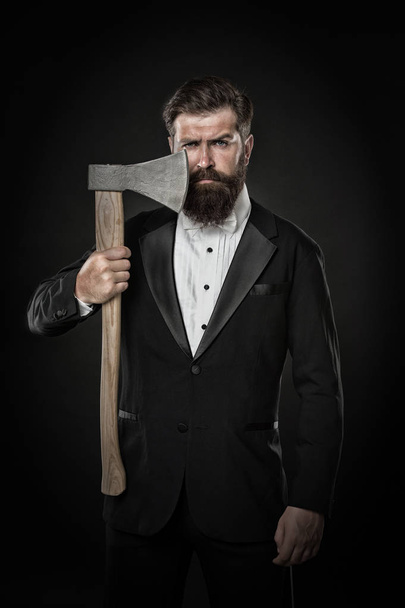 Shaving dangerous axe. Sharp blade. Grow mustache. Growing and maintaining moustache. Man with mustache. Beard and mustache grooming. Hipster handsome bearded wear tuxedo. Barber shop concept - Foto, afbeelding