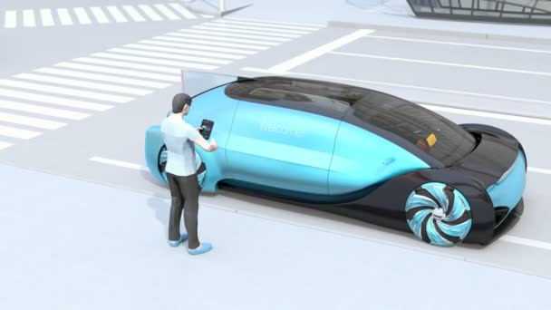 Low polygon style people use smartphone to unlock a self driving car's door, welcome message appear on the door. Ride sharing concept. 3D rendering image.  - Footage, Video