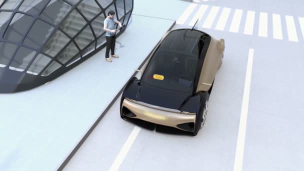 Düşük poligon tarzı insanlar kendi kendine sürüş arabanın kapısını açmak için akıllı telefon kullanın. Ride paylaşım konsepti. 3d render animasyonu.  - Video, Çekim