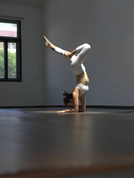 asiatische chinesische Single-Frau in weiß praktiziert Yoga - Foto, Bild