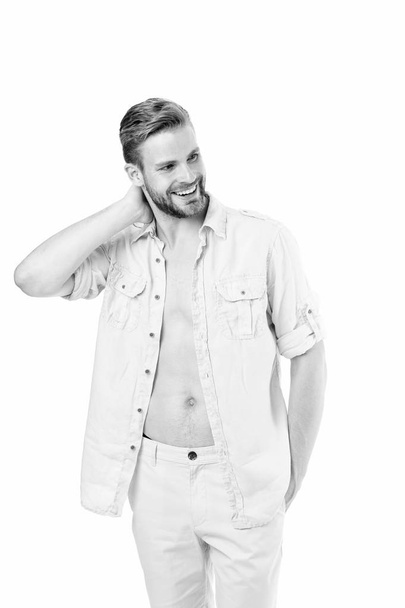 Fresh shirt concept. Style inspiration and advice. Casual style outfit. Confident with his style. What man should wear first date. Man bearded macho prepare clothes for date. Casual comfortable style - Fotografie, Obrázek