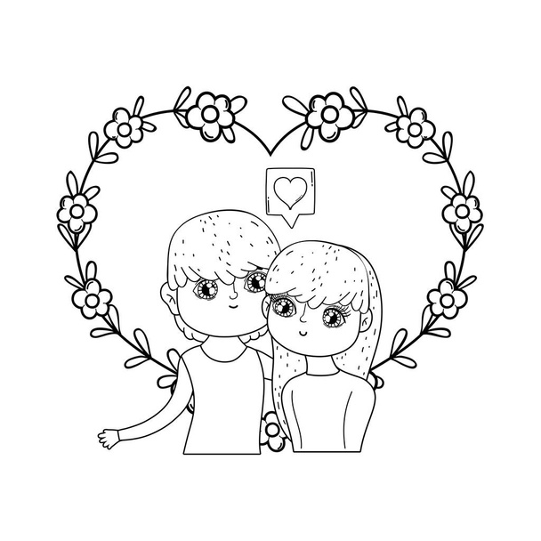 çiçek dekorasyon ile genç aşıklar çift - Vektör, Görsel