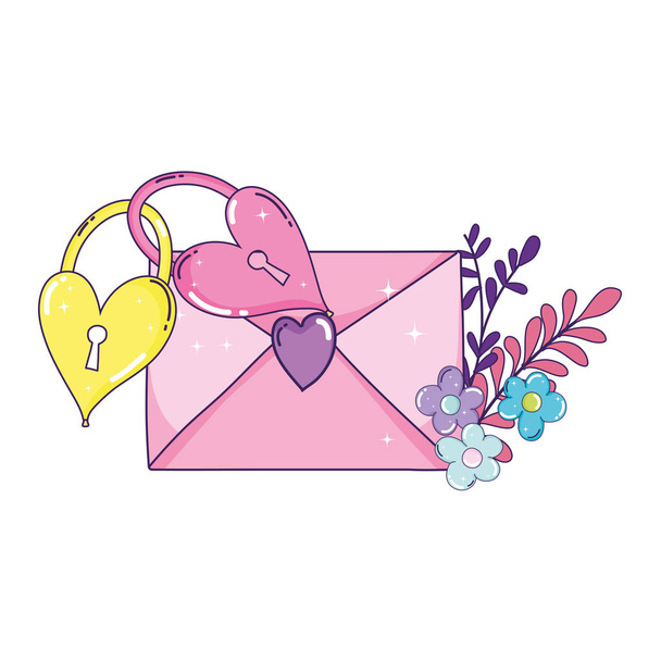 envelop hart met bloemen en hangsloten - Vector, afbeelding