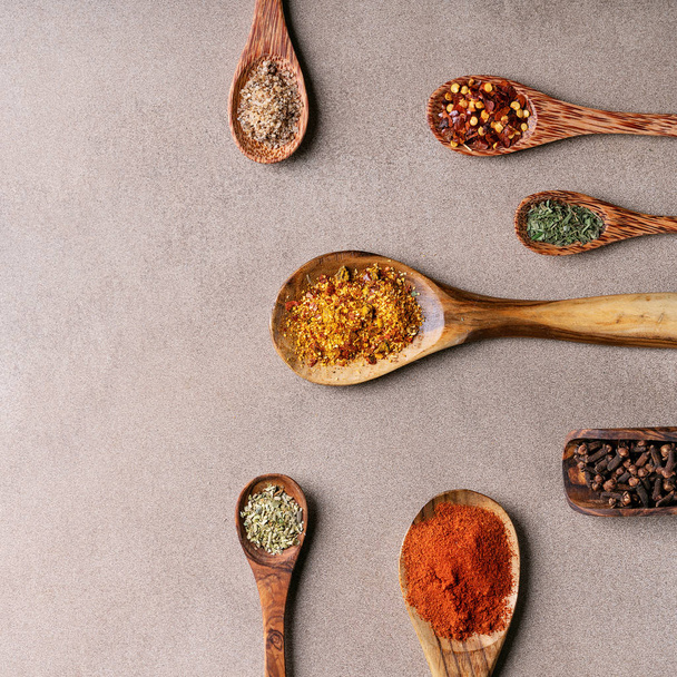 Variety of spices in spoons - Foto, Imagen