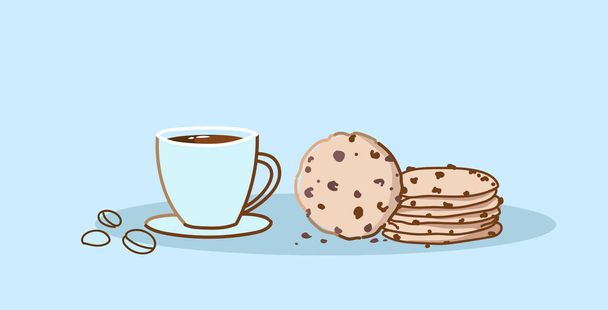chocolate chip cookie with coffee cup sweet baked dessert with hot drink hand drawn sketch doodle horizontal - Vektör, Görsel