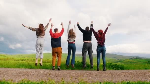 Five young friends are jumping holding hands on a green field. - Footage, Video