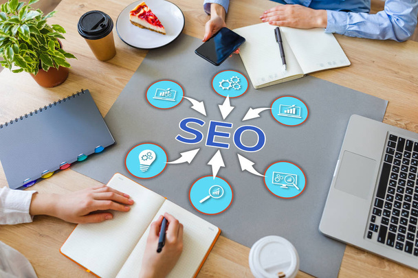 SEO Search Engine Optimisation Digital marketing Online advertising concept on Office desktop. - Foto, Bild