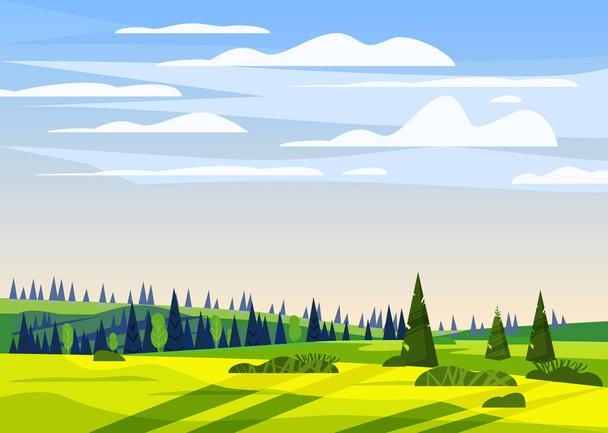 Beautiful countryside summer landscape, valley rural farm house, green hills, bright color blue sky, meadows with mountains panorama horizon in trendy cartoon flat style and bright colors. Vector - Vector, Image