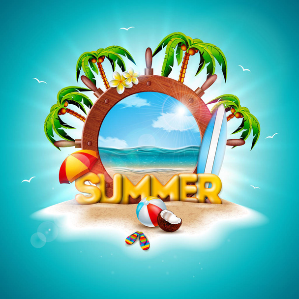 Vector Summer Holiday Illustration with Ship Steering Wheel and Exotic Palm Trees on Tropical Island Background. Exotic Plants, Flower, Beach Ball, Coconut, Surf Board and Sunshade for Banner, Flyer - Vektör, Görsel