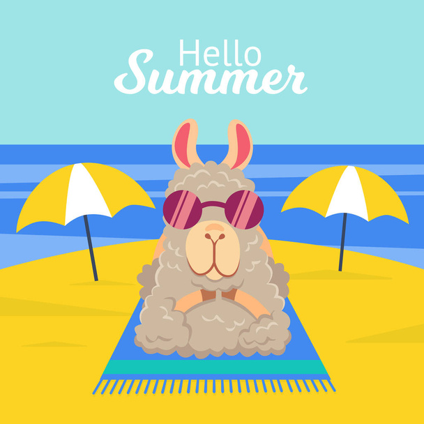 Ilustración vectorial de llama alpaca divertida en gafas de sol tomando el sol en vacaciones de verano
 - Vector, Imagen