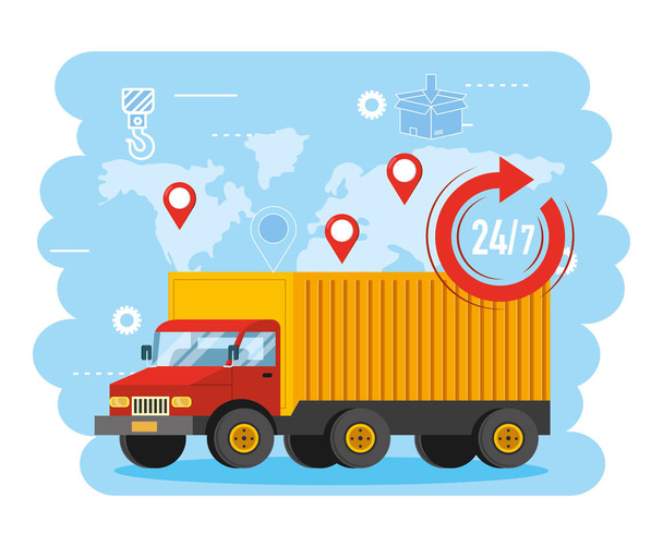 trasporto camion con mappa globale e cartelli di localizzazione
 - Vettoriali, immagini