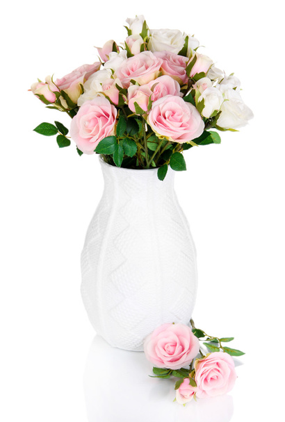 Beautiful pink and white roses in vase isolated on white - Foto, imagen