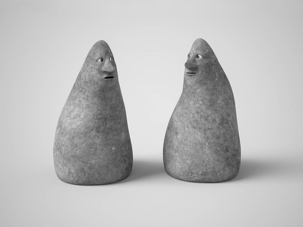 3D-Darstellung von zwei Steinfiguren mit Gesichtern. - Foto, Bild
