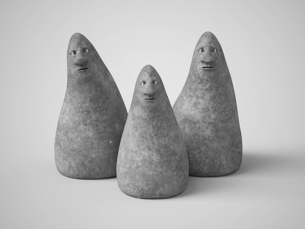 3D-Darstellung von drei Steinfiguren mit Gesichtern. - Foto, Bild