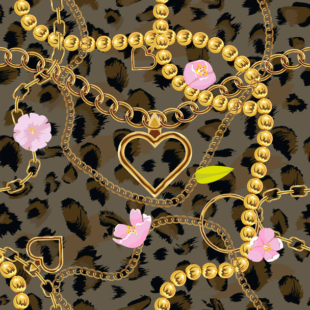 Cute chain texture seamless with leopard skin pattern. Flat and solid color vector illustration. - ベクター画像