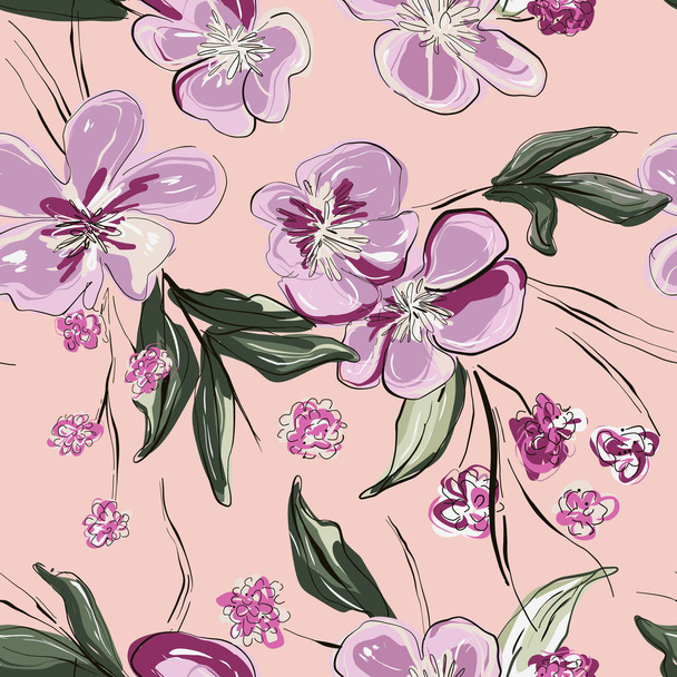 Violet tender rose flowers.Hand-drawn sketch botanical art. Dynamic blossom splash. Summer plant background, pastel vintage style - Vektori, kuva