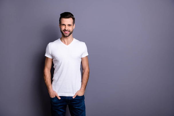 Portrait of good-looking lovely person he his have free time rest stunning millennial feel glad dressed fashionable clothing isolated grey background - Foto, imagen