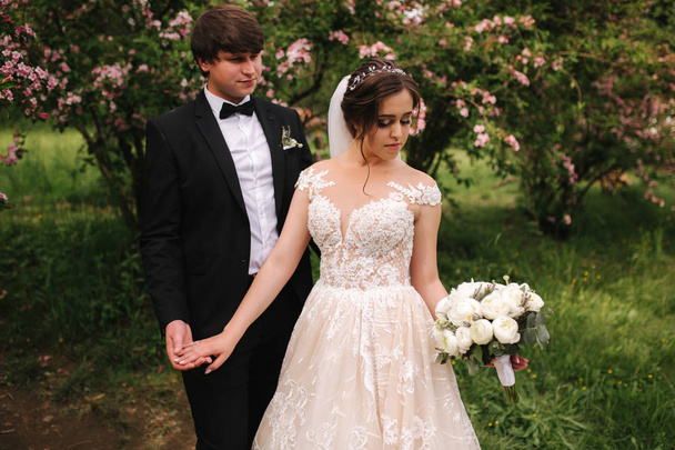 Ο όμορφος γαμπρός αγκαλιάζει την όμορφη νύφη του. Νεόνυμφοι περπατούν στο πάρκο. Μελαχρινή γυναίκα με κομψό νυφικό - Φωτογραφία, εικόνα