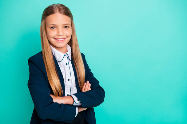 Close up side profile photo beautiful she her little lady pretty hairdo like studying school weekend vacation mood wear formalwear shirt blazer school form isolated bright teal turquoise background - Fotografie, Obrázek