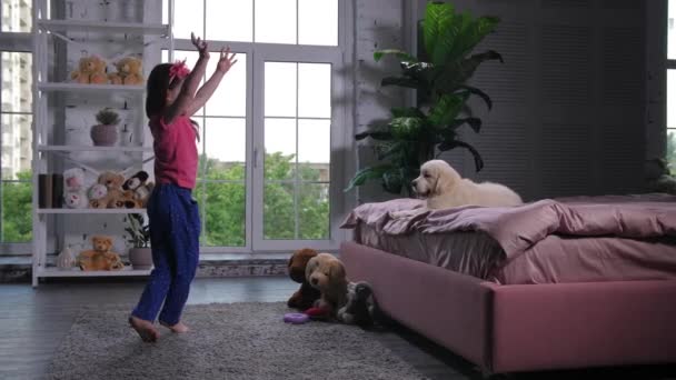 Cute little girl dancing for puppy lying on bed - Materiał filmowy, wideo