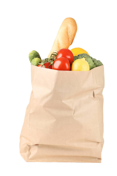 Grocery shopping bag with food isolated on white background - Fotoğraf, Görsel