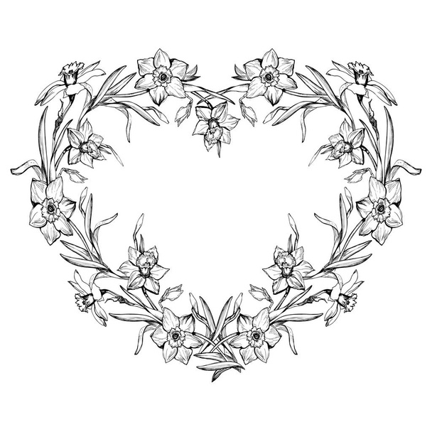 Ornamental black and white floral border in form of heart. - Διάνυσμα, εικόνα