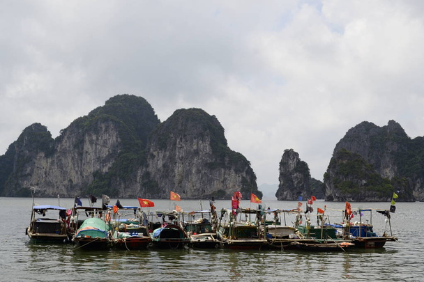 Groep vissersboten met Vietnamese vlaggen in Halong Bay (Ha Long Bay)-UNESCO werelderfgoedlocatie en populaire reisbestemming. Vietnam - Foto, afbeelding