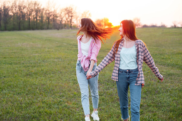 Two best friends walking on the field at sunset - Фото, изображение