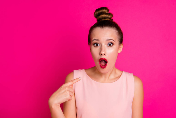 Close-up portrait of her she nice-looking charming attractive lovely worried scared girl pointing at herself self oops problem trouble isolated over bright vivid shine pink fuchsia background - Foto, Bild