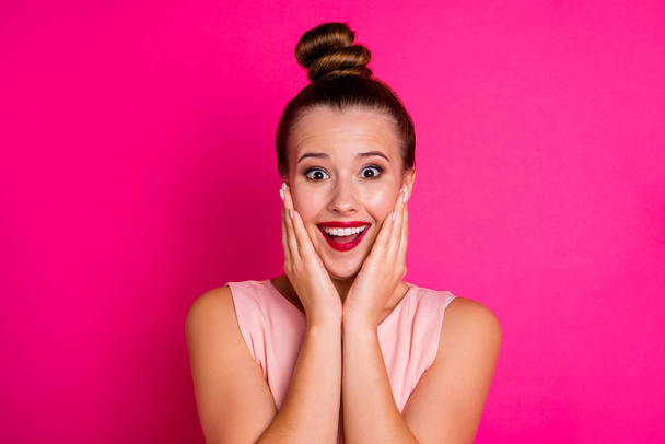 Close-up portrait of her she nice-looking charming attractive fascinating lovable lovely cheerful cheery glad girl good great news isolated over bright vivid shine pink fuchsia background - Photo, image