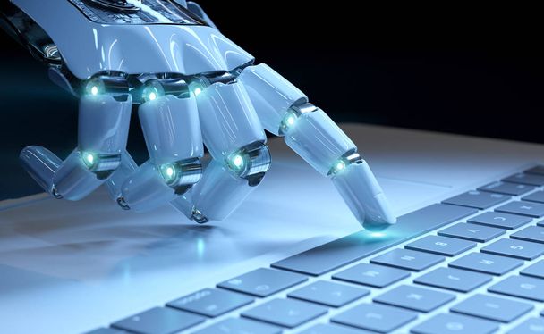 Cyborg hand pressing a keyboard on a laptop 3D rendering - Фото, зображення
