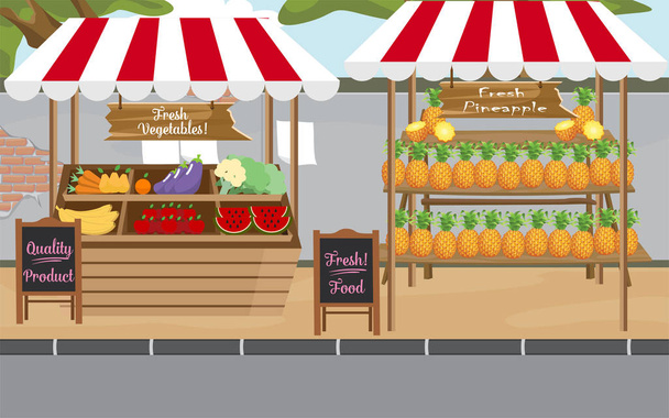 屋外市場のアナナスと果物 - ベクター画像