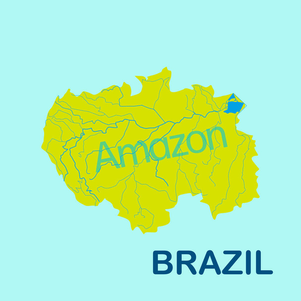 Carte du fleuve Amazone en couleur jaune sur fond bleu. Illustration vectorielle de la carte de l'Amazone Brésil
.  - Vecteur, image