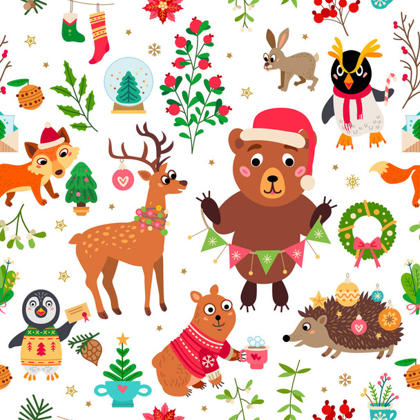 A karácsonyi erdei állatok minta. Téli vektorok - Vektor, kép