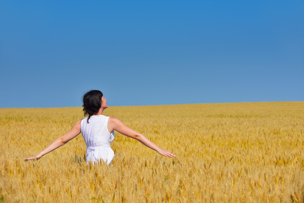 Mladá žena v pšeničném poli v létě - Fotografie, Obrázek