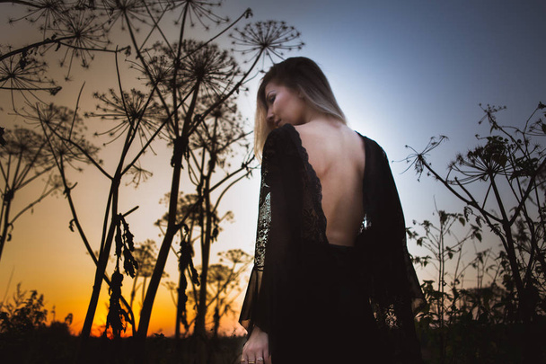 beautiful witch with open back at sunset stands in tall grass - Photo, image