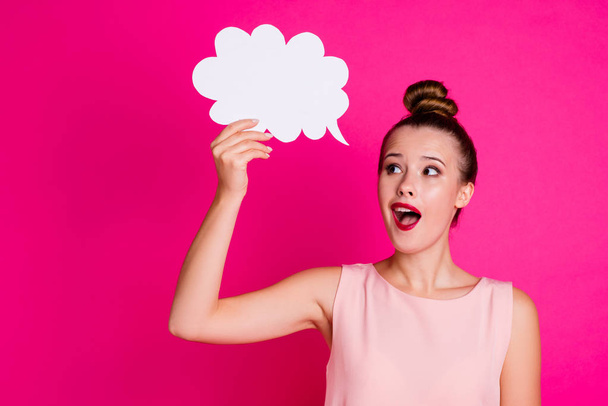 Close up photo of cute charming lovely sweet youth hold hand paper card cloud have thoughts genius excellent idea solution dressed outfit fashionable she her top knot isolated pink bright background - Photo, image