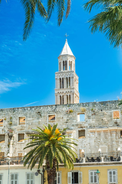 Split, Croatia, walls of palace of Roman emperor Diocletian, world heritage site, tower of cathedral in background - Photo, Image