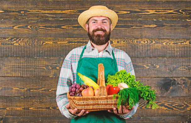 Farmer with homegrown vegetables in basket. Man bearded farmer presenting eco vegetables wooden background. Fresh organic vegetables in wicker basket. Farmer straw hat presenting fresh vegetables - Foto, immagini