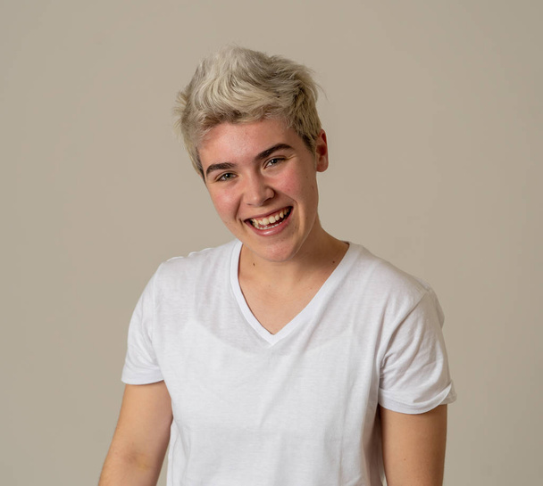 Portrait of handsome young transgender teenager man with beautiful smile and blue eyes feeling happy proud and confident In People, Diversity equality and positive human emotions concept. - Foto, immagini