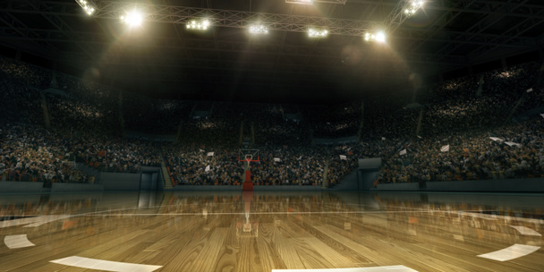 Profesionální basketbalová aréna s basketbalovým košíkáním v 3D. Tribunes se sportovci - Fotografie, Obrázek